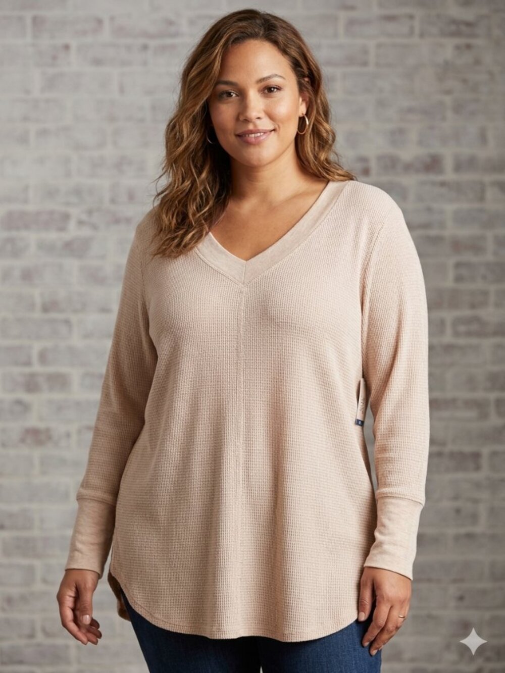 Terra & Sky Waffle Knit V-Neck Plus Size Henley Top - Light Beige Size 2x New